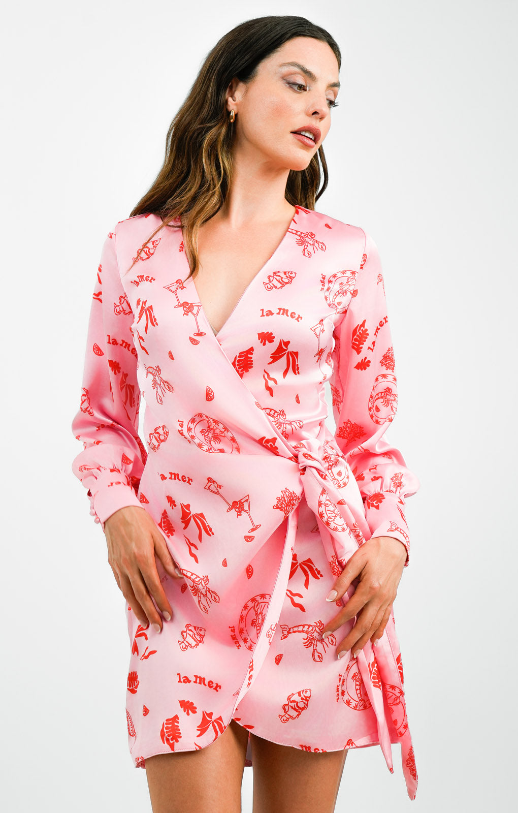 Never Fully Dressed Wrap Tie Mini Dress In Pink La Mer Print