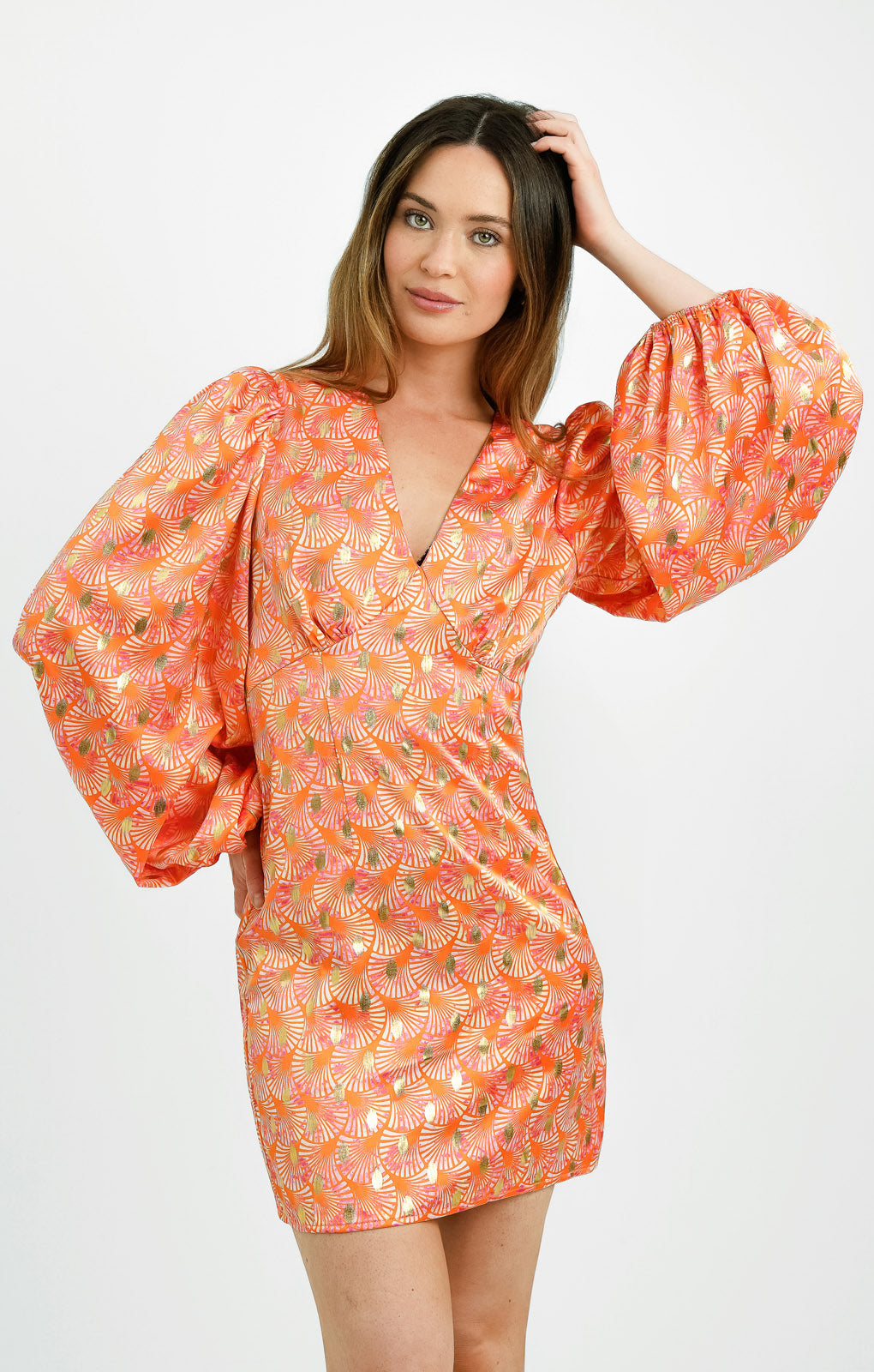 Never Fully Dressed Petite Balloon Sleeve Mini Dress In Ombre Shell Print