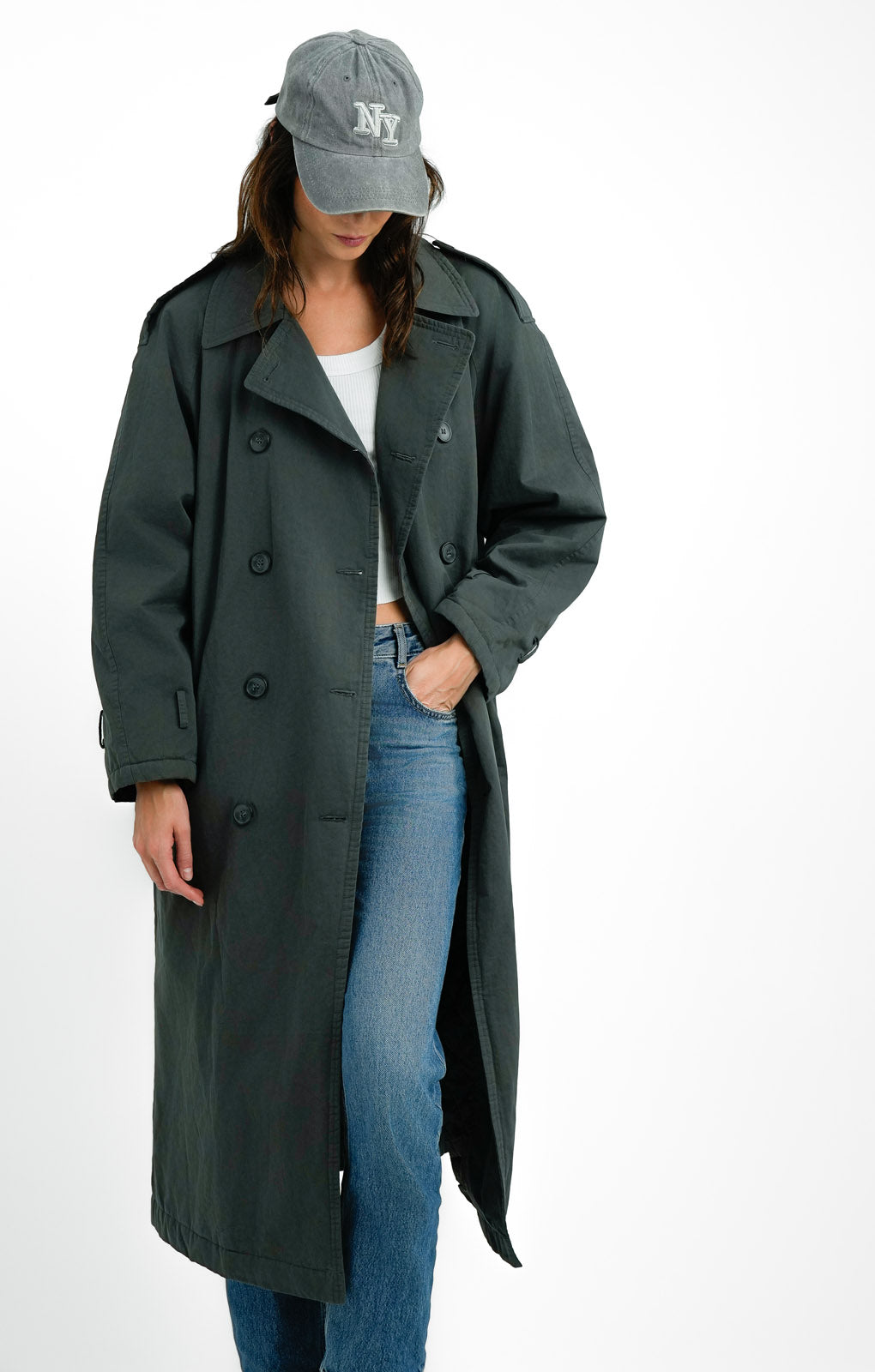 Topshop Reversible Long-Line Padded Trench Coat In Charcoal