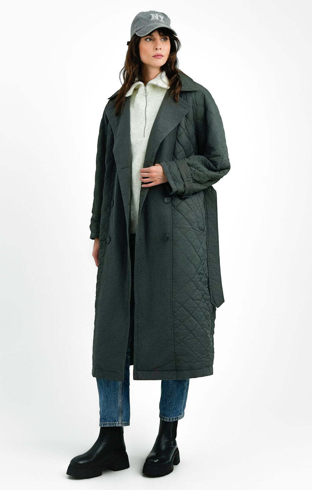 Topshop Reversible Long-Line Padded Trench Coat In Charcoal