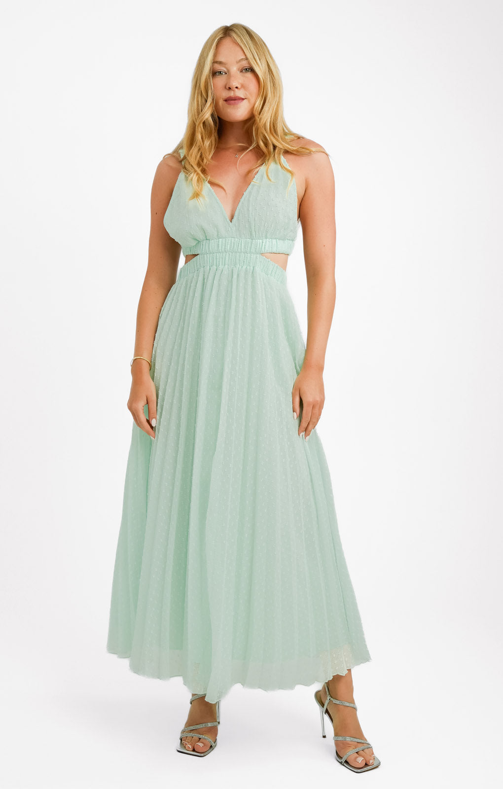 ASOS DESIGN Pleat Plunge Neck Midi Dress With Elasticated Straps And Back In Apple Green