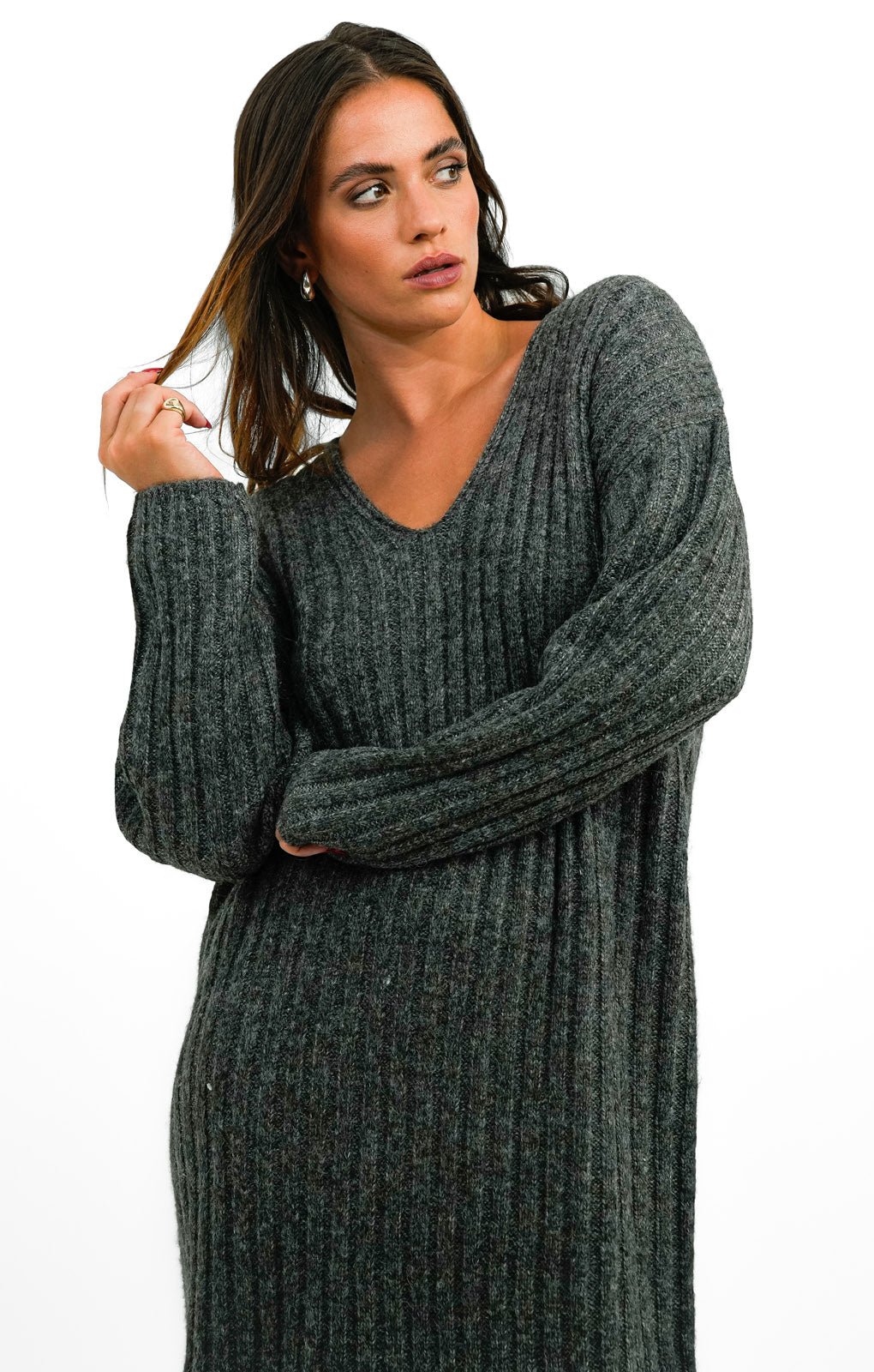 ASOS DESIGN Knitted V Neck Maxi Dress In Rib In Charcoal