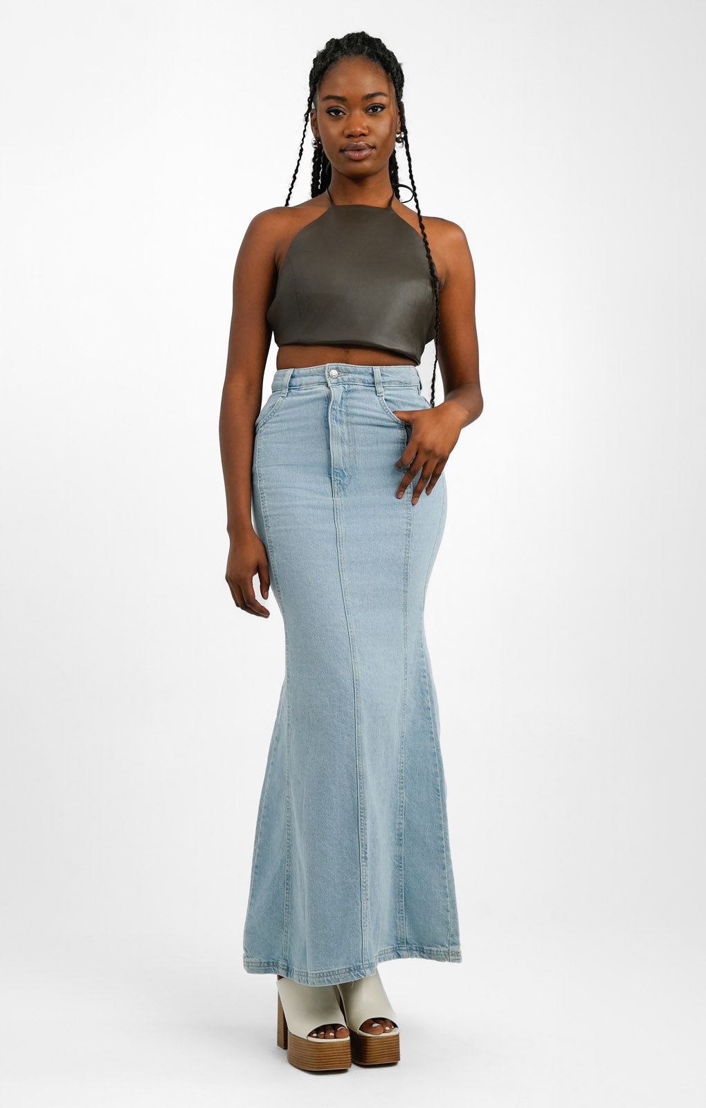 Topshop Tall Highwaist Denim Fishtail Skirt In Bleach