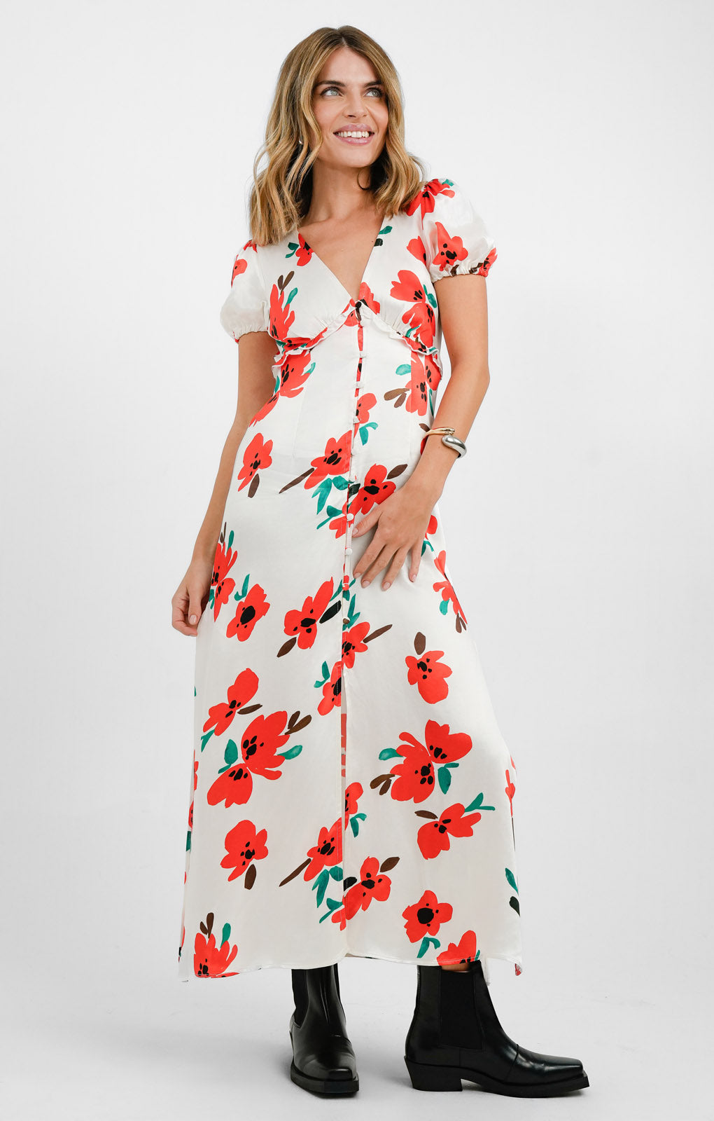 Topshop V Neck Flutter Sleeve Printed Maxi Dress With In Poppy Print
