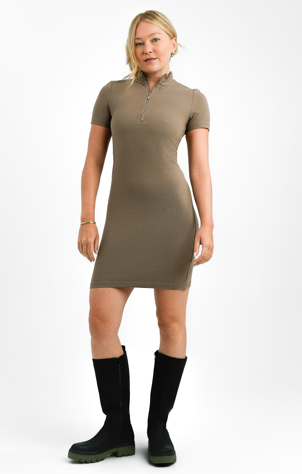 Dr Denim Zip Up Mini Jersey Dress In Brown