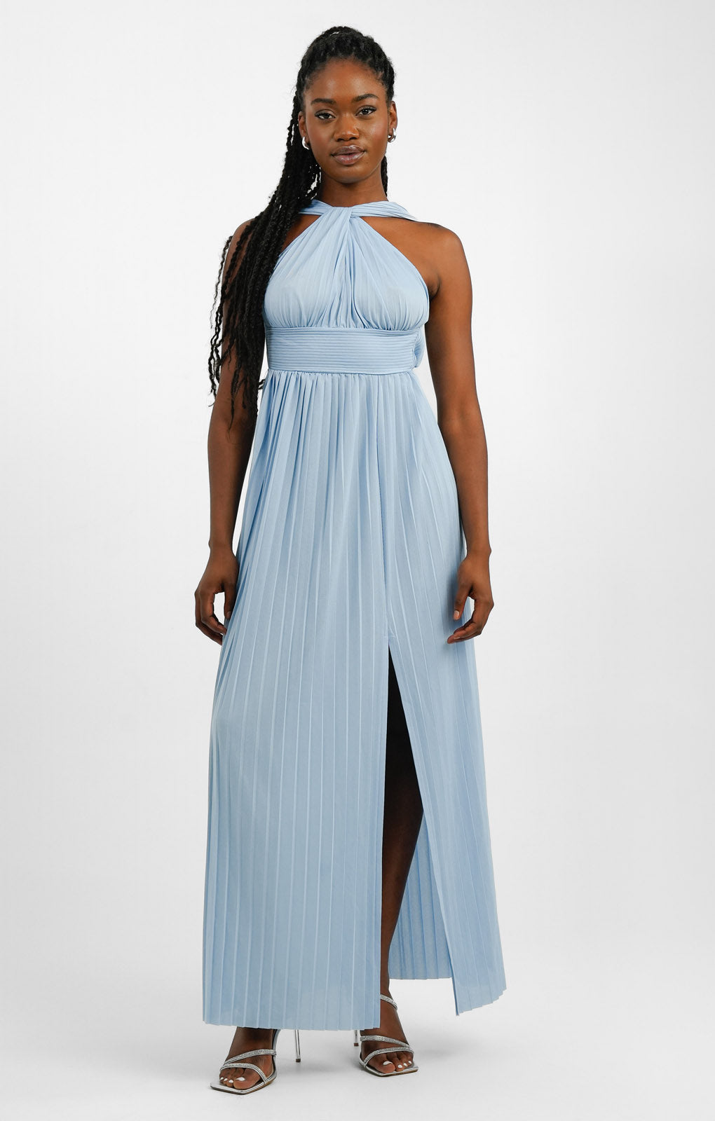 ASOS DESIGN Halter Neck Grecian Pleated Skirt Maxi Dress In Pastel Blue