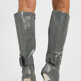 Steve Madden Priyanka Knee Boots With Buckle In Metallic Pewter