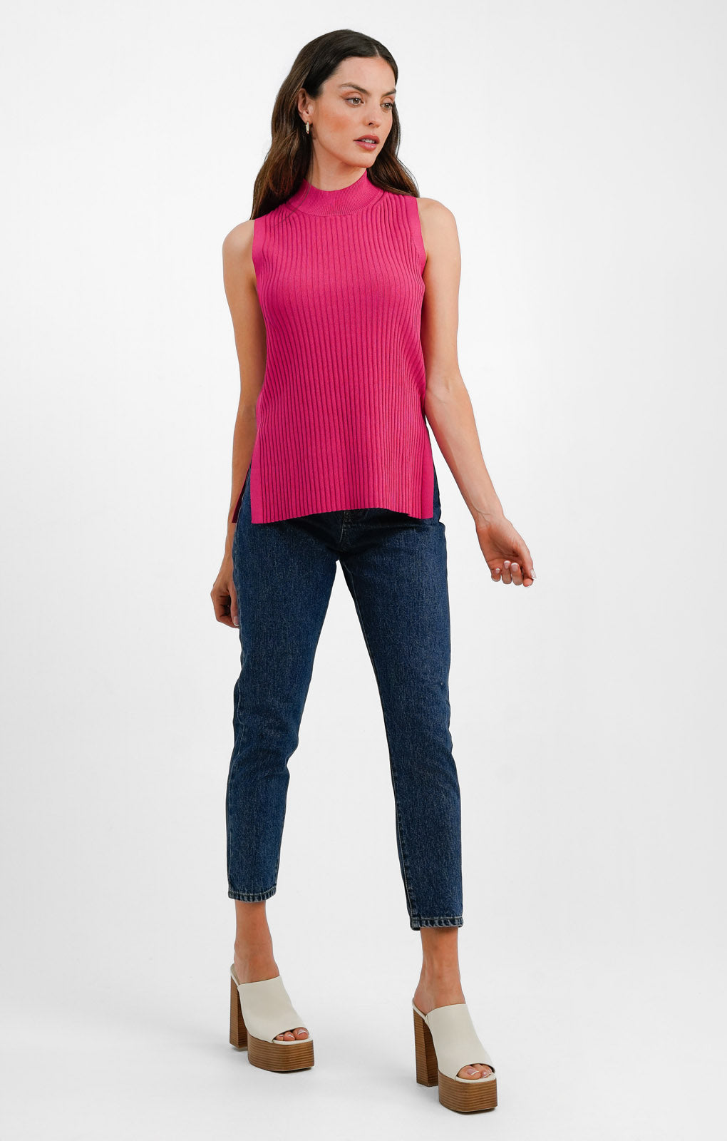 Whistles High Neck Sleeveless Ribbed Top In Hot Pink Top