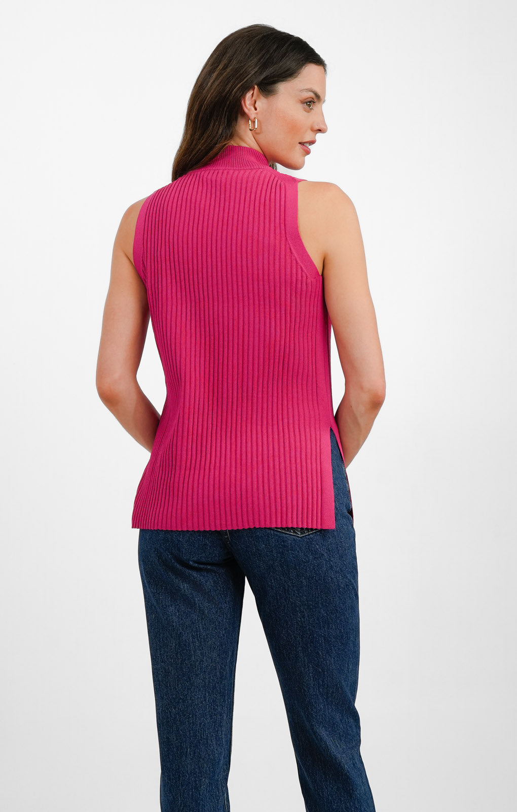 Whistles High Neck Sleeveless Ribbed Top In Hot Pink Top