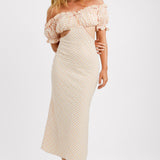ASOS DESIGN Textured Bardot Midi Dress With Cut Out Side In Pink And Yellow Check