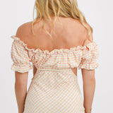 ASOS DESIGN Textured Bardot Midi Dress With Cut Out Side In Pink And Yellow Check