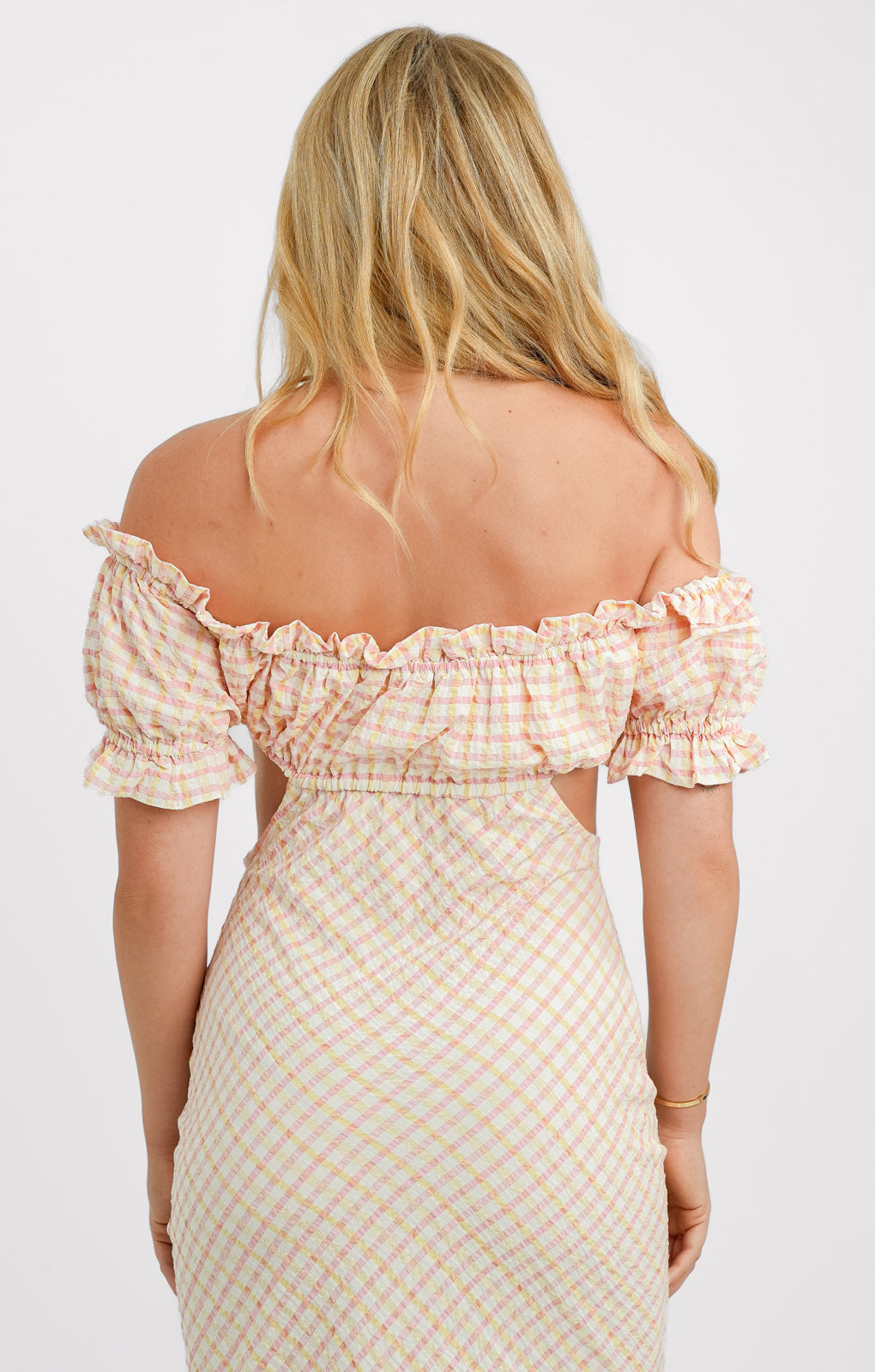 ASOS DESIGN Textured Bardot Midi Dress With Cut Out Side In Pink And Yellow Check