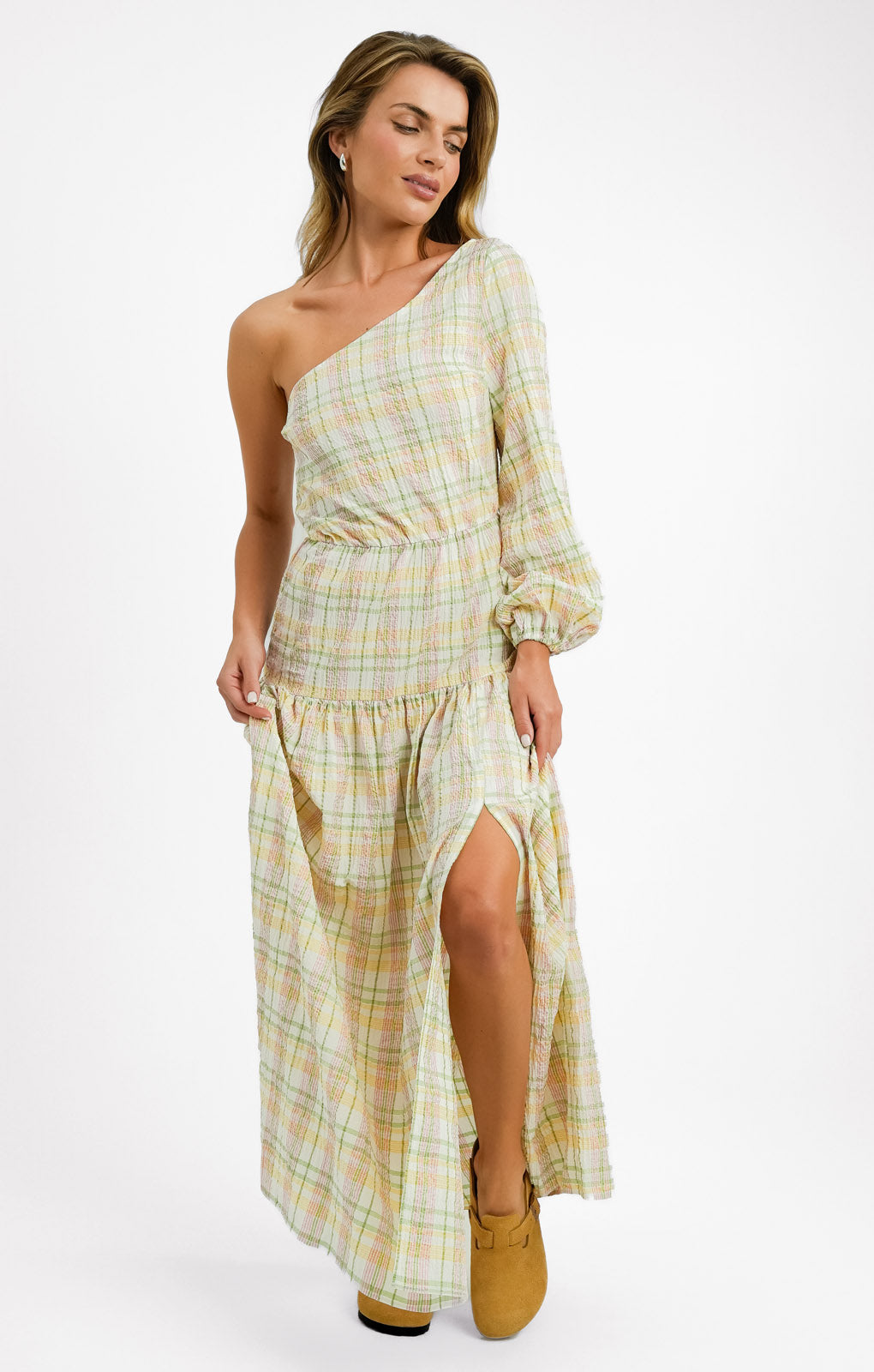 ASOS DESIGN One Shoulder Midi Dress In Summer Check