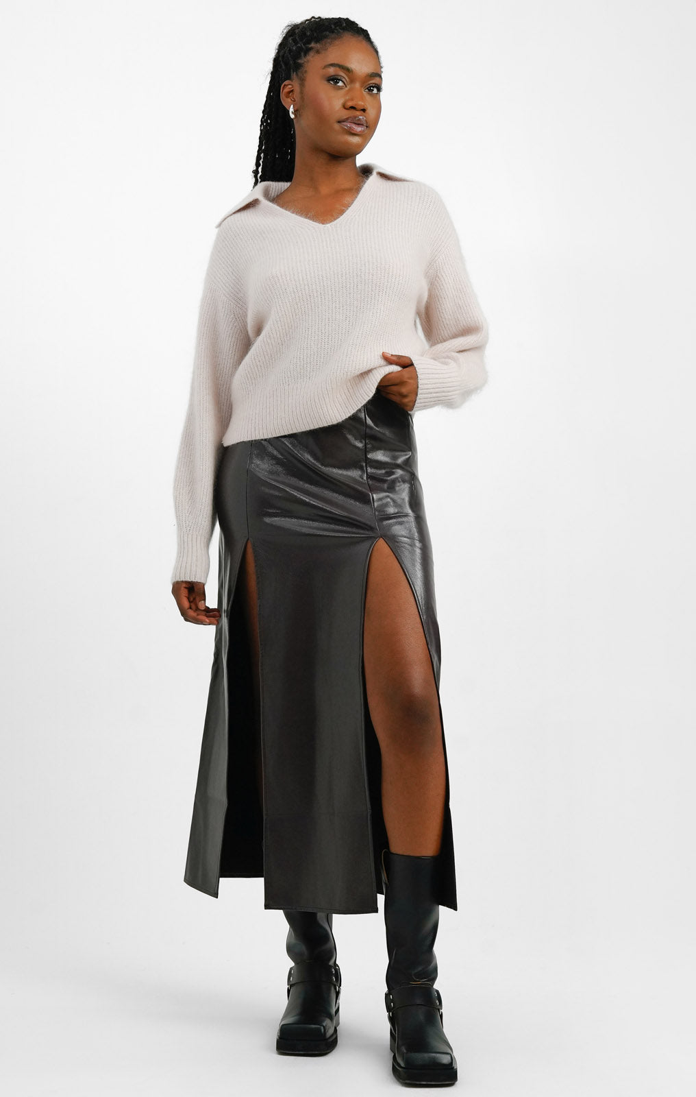 Topshop Vinyl Double Split Midi Skirt In Chocolate