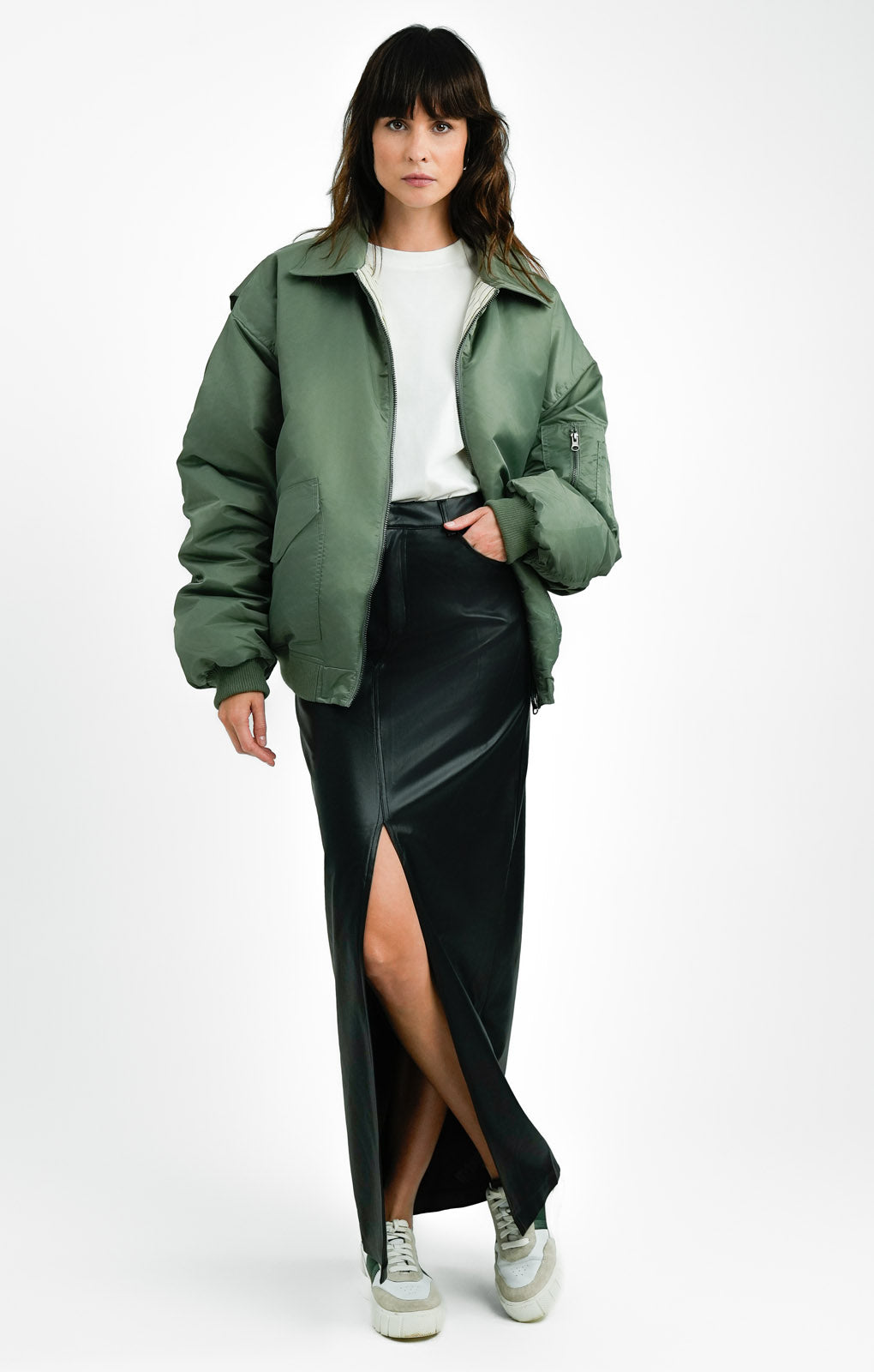 Topshop Reversible Collared Nylon Bomber Jacket With Stripe In Khaki