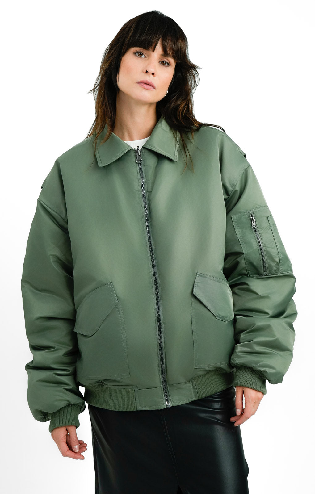 Topshop Reversible Collared Nylon Bomber Jacket With Stripe In Khaki