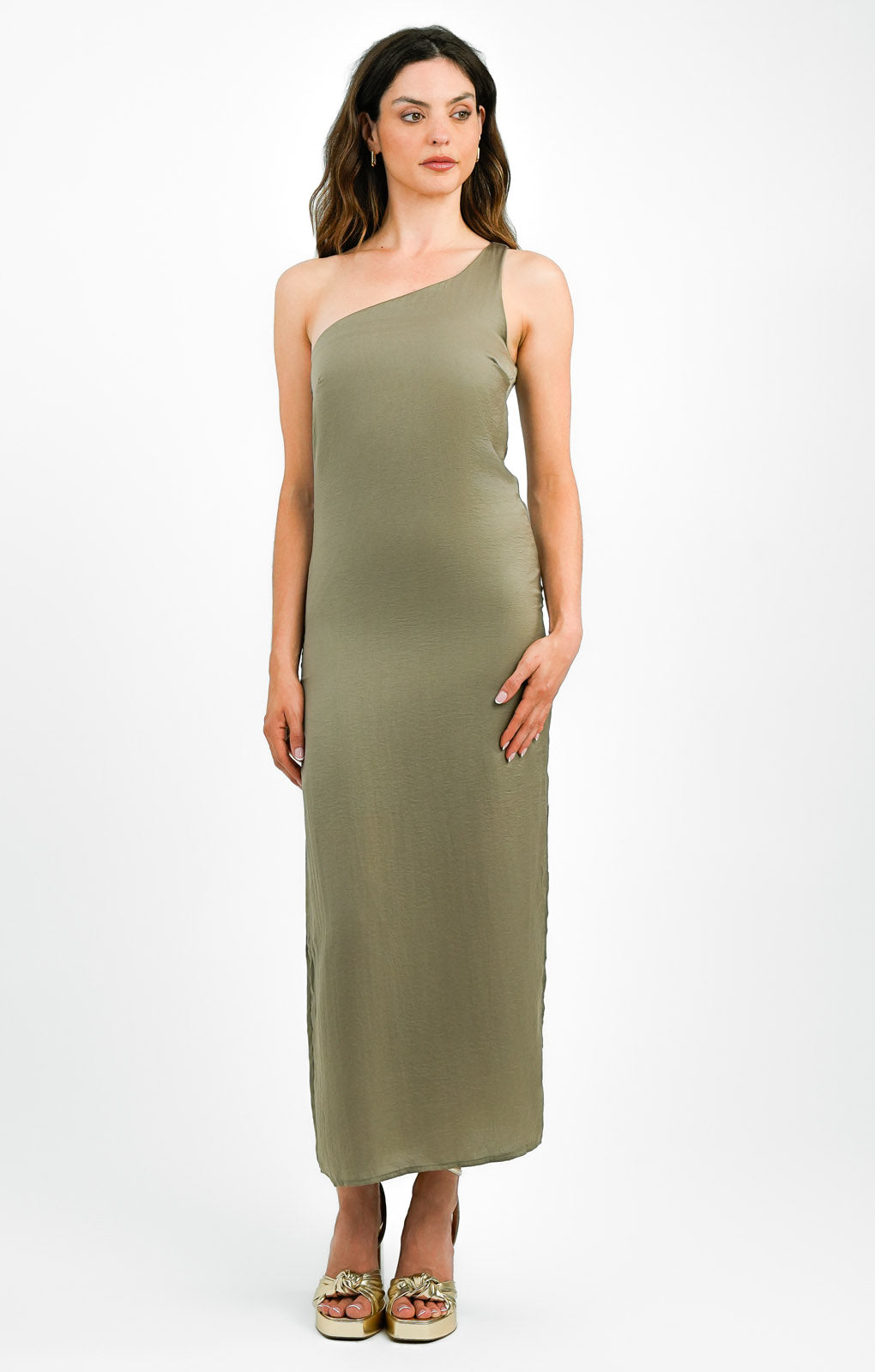 SNDYS One Shoulder Satin Maxi Dress In Olive
