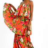 Forever Unique Tiered Midaxi Dress In Orange Floral Print