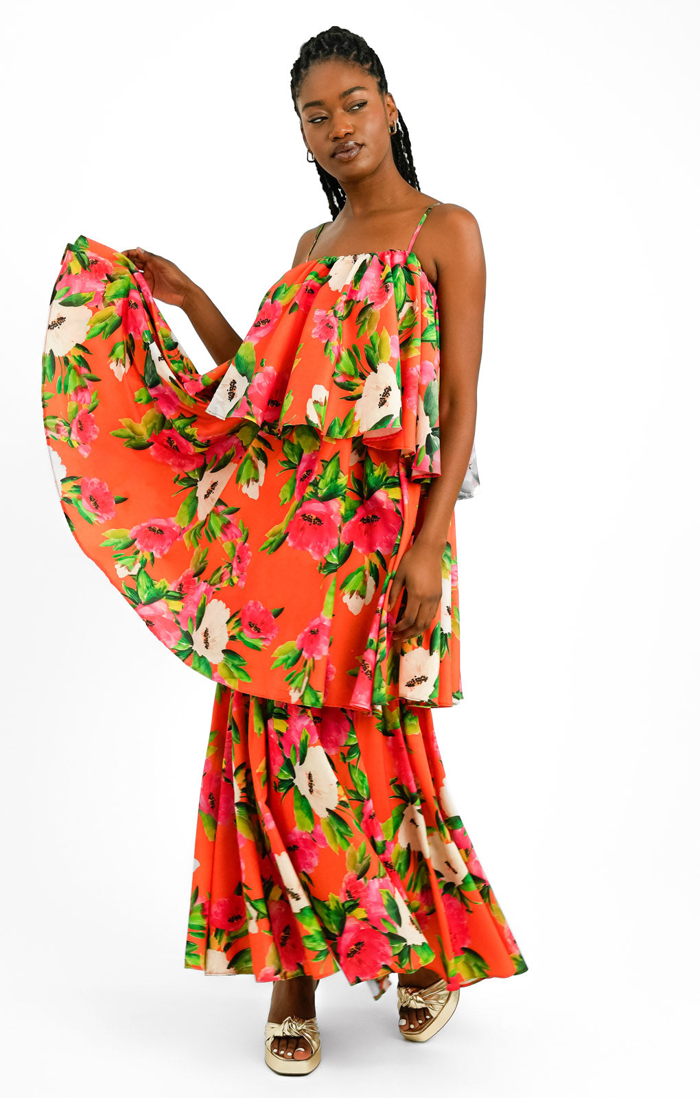 Forever Unique Tiered Midaxi Dress In Orange Floral Print
