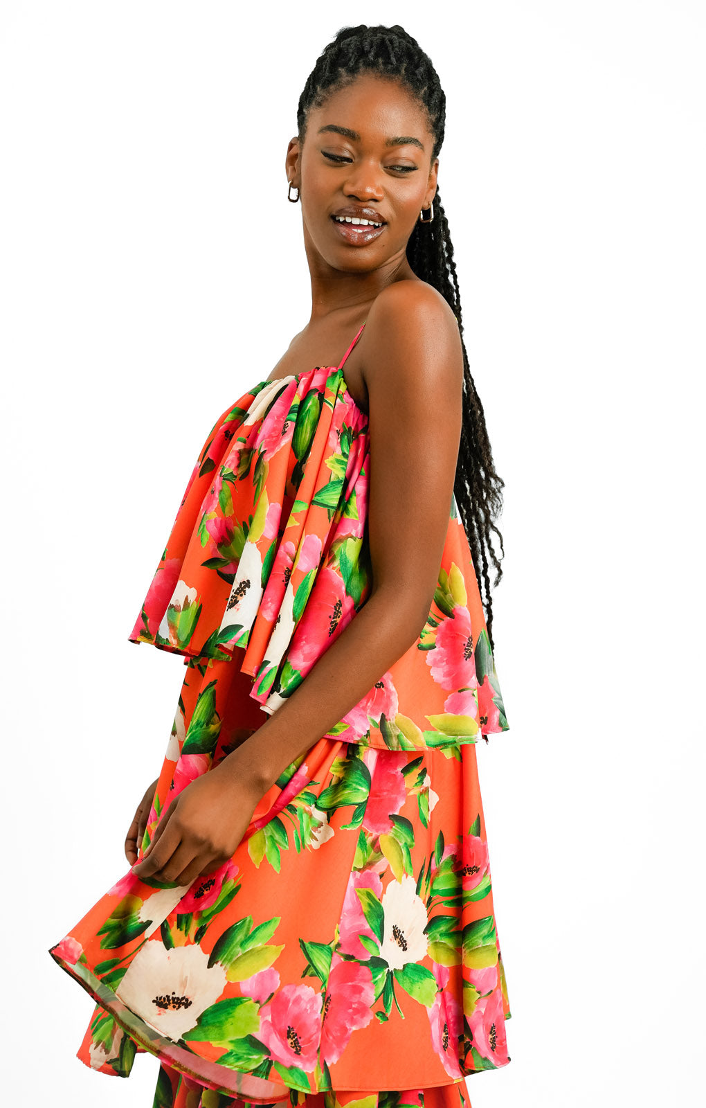 Forever Unique Tiered Midaxi Dress In Orange Floral Print