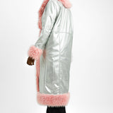 Annorlunda Metallic Faux Shearling Edged Coat In Silver And Pink