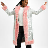 Annorlunda Metallic Faux Shearling Edged Coat In Silver And Pink