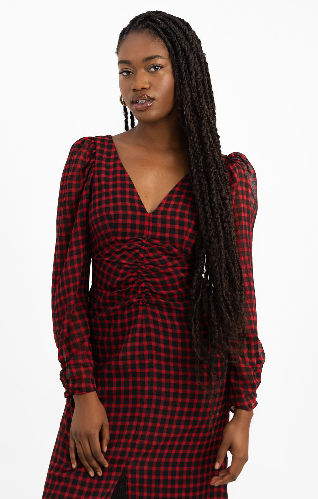 Topshop Ruched Front Midi Dress In Red And Black Gingham