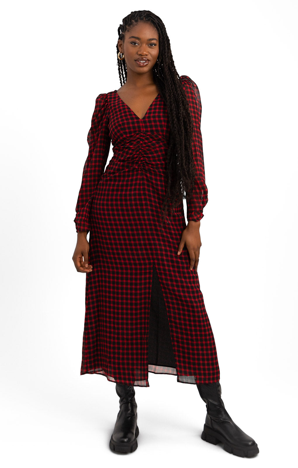Topshop Ruched Front Midi Dress In Red And Black Gingham