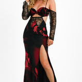 ASOS DESIGN Corset Detail Cold Shoulder Maxi Dress With Lace Inserts In Abstract Floral Print