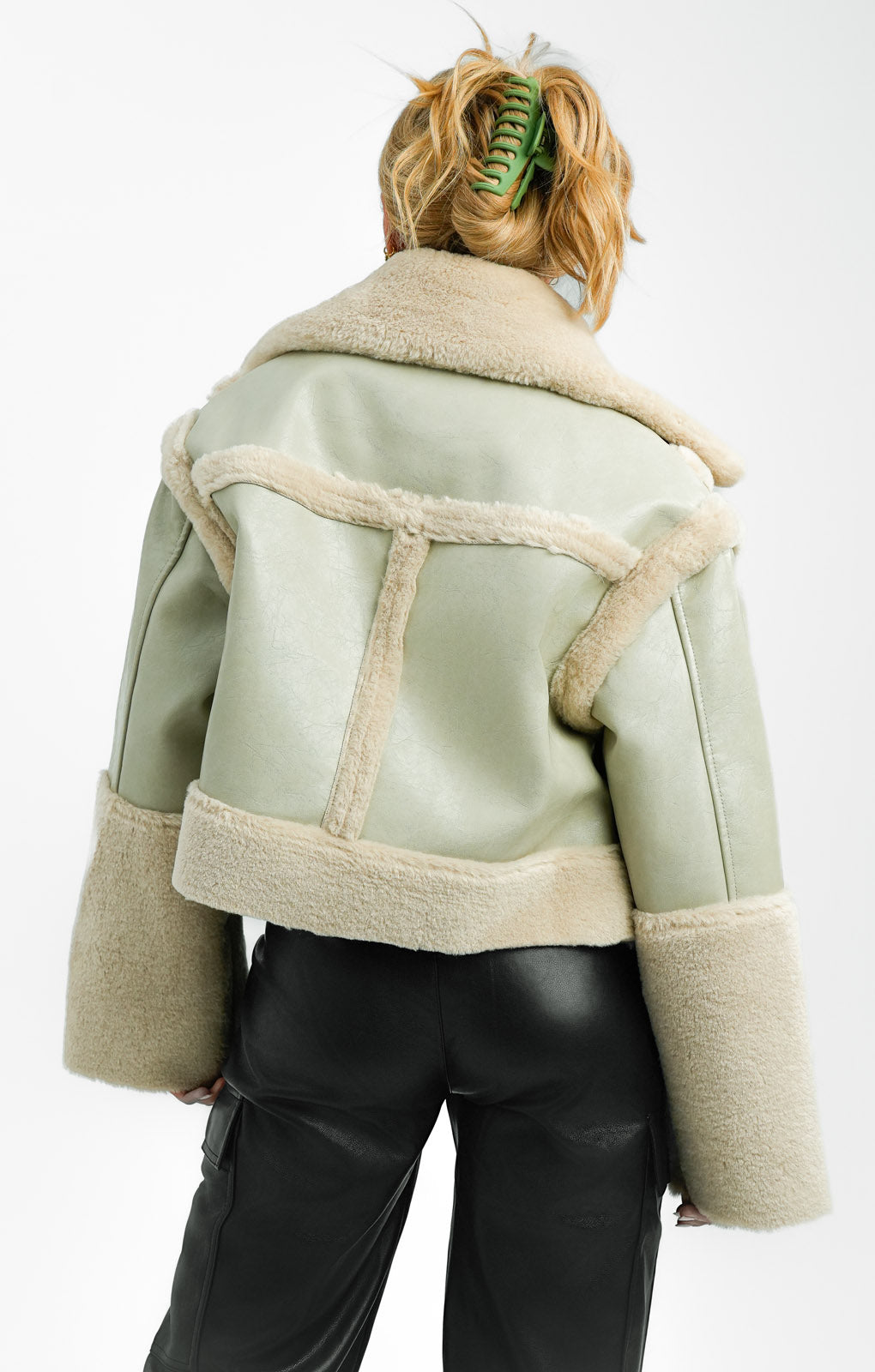 ASOS EDITION Cropped High Shine Borg Lined Coat In Cream