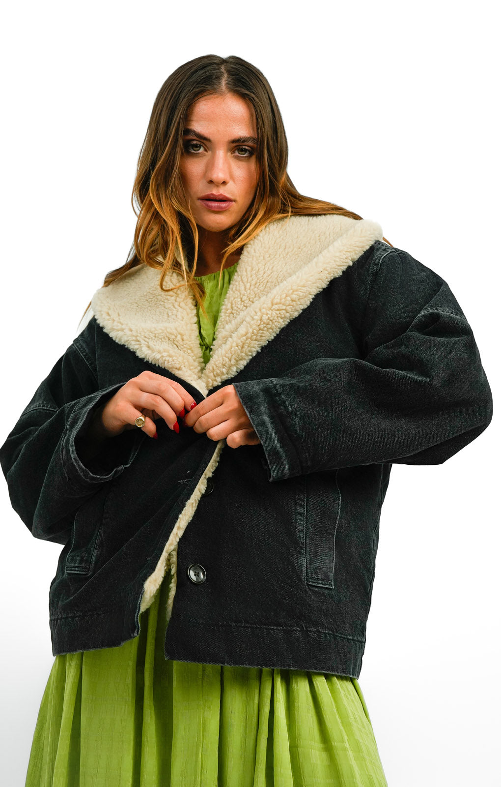 Topshop Denim Chuck On Borg Coat In Washed Black