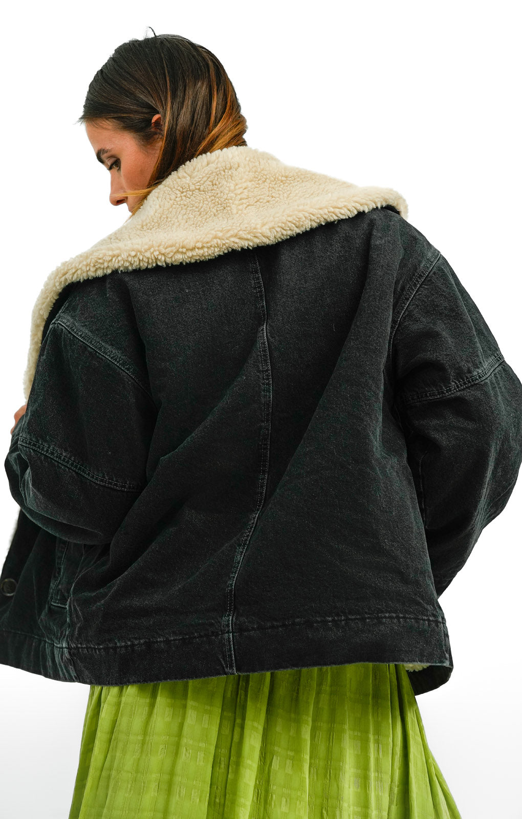 Topshop Denim Chuck On Borg Coat In Washed Black