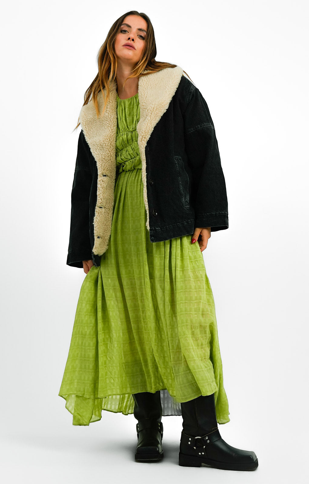 Topshop Denim Chuck On Borg Coat In Washed Black