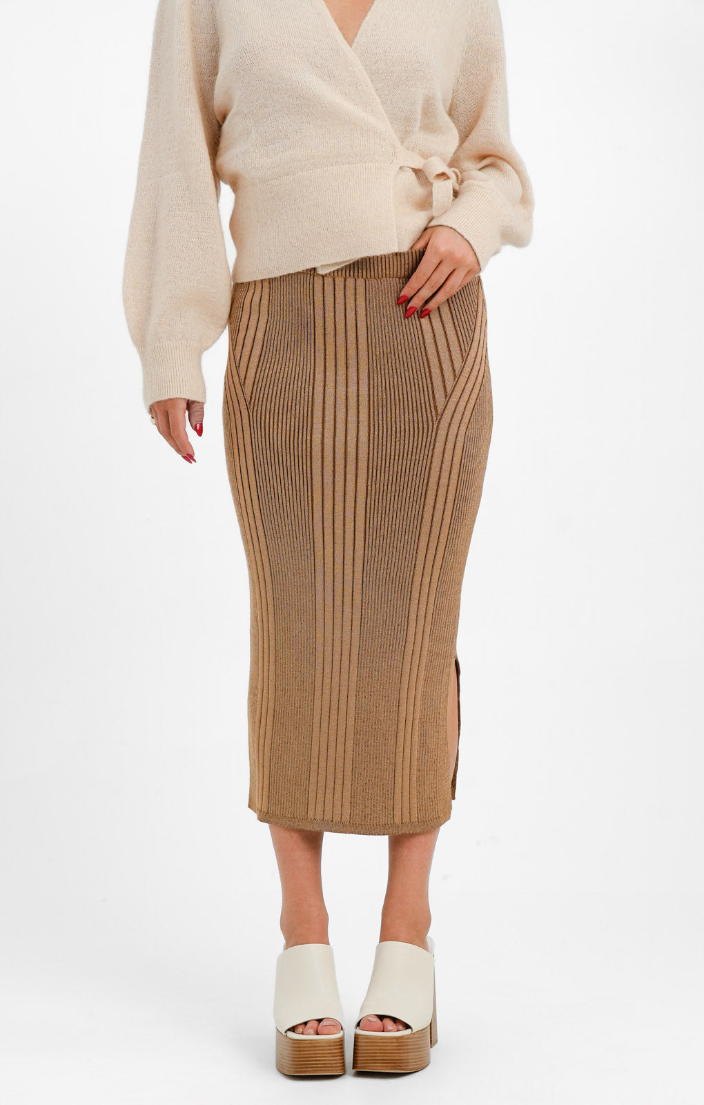 French Connection Knitted Midi Skirt In Brown Stripe