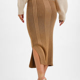 French Connection Knitted Midi Skirt In Brown Stripe