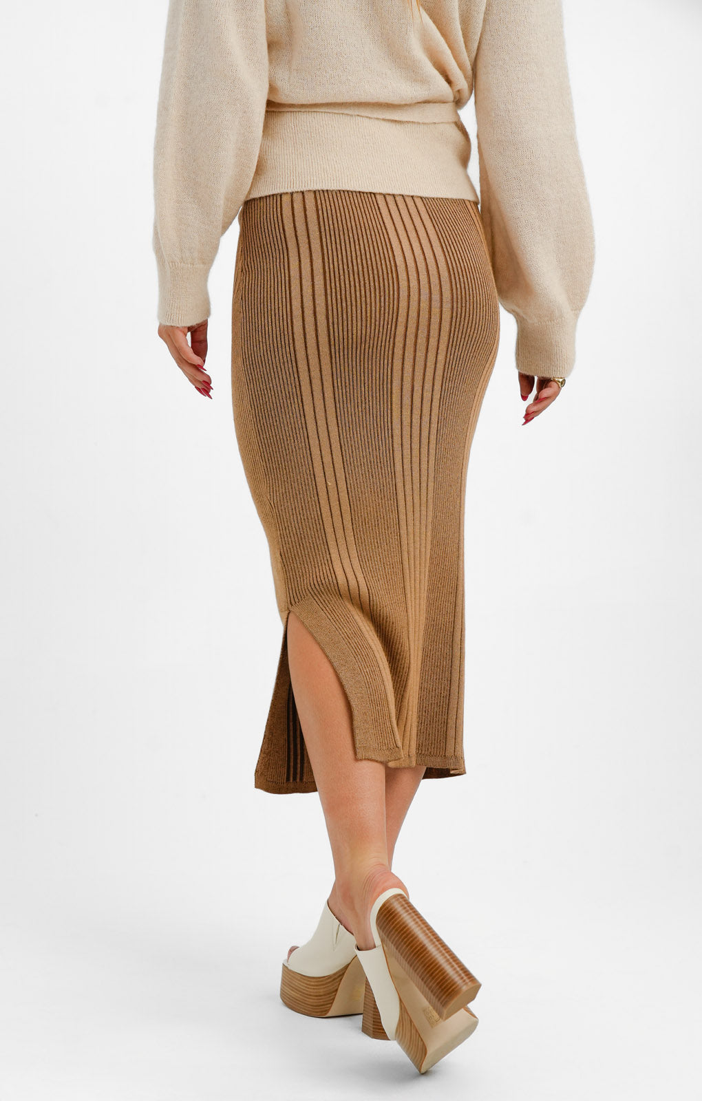French Connection Knitted Midi Skirt In Brown Stripe