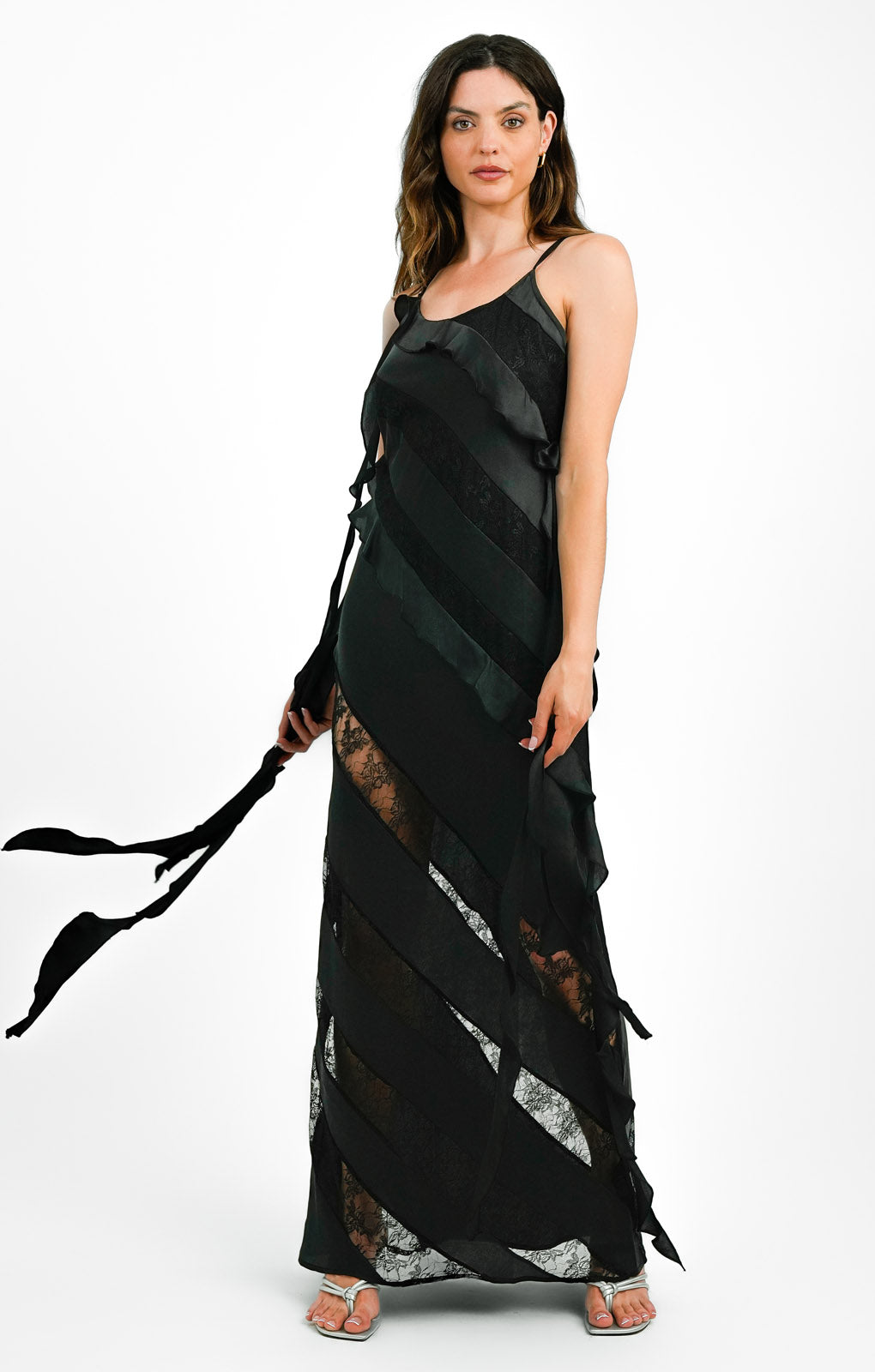 Topshop Ruffle And Lace Detail Slip Dress In Black