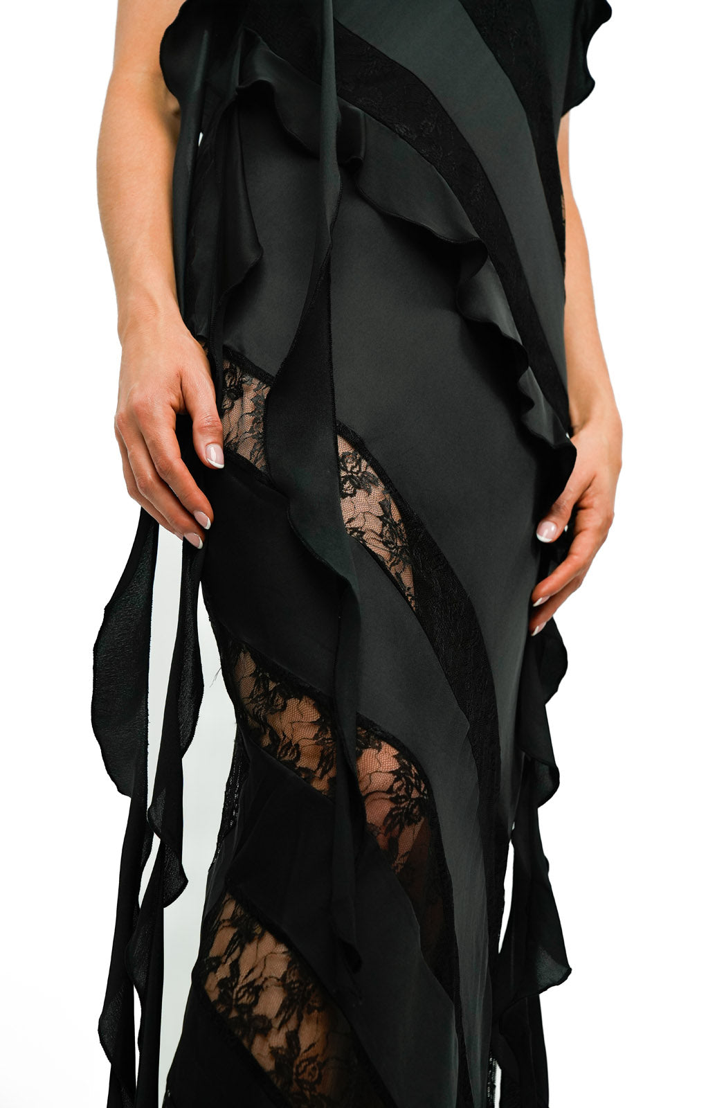 Topshop Ruffle And Lace Detail Slip Dress In Black