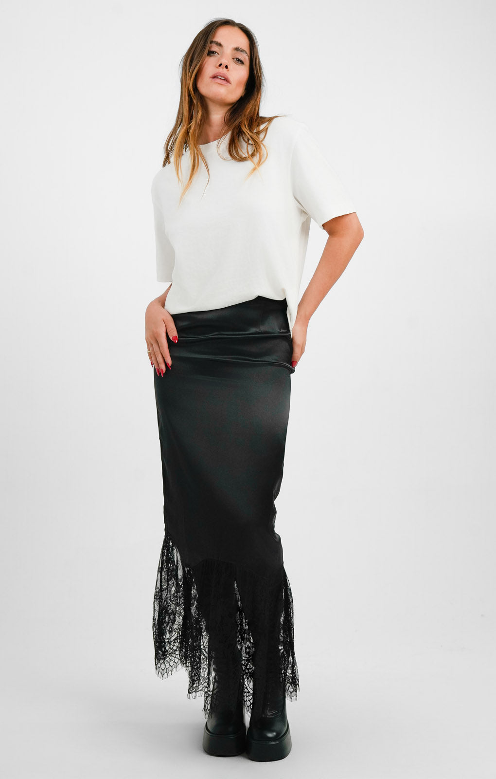 Topshop Satin Lace Mix Fishtail Maxi Skirt In Black