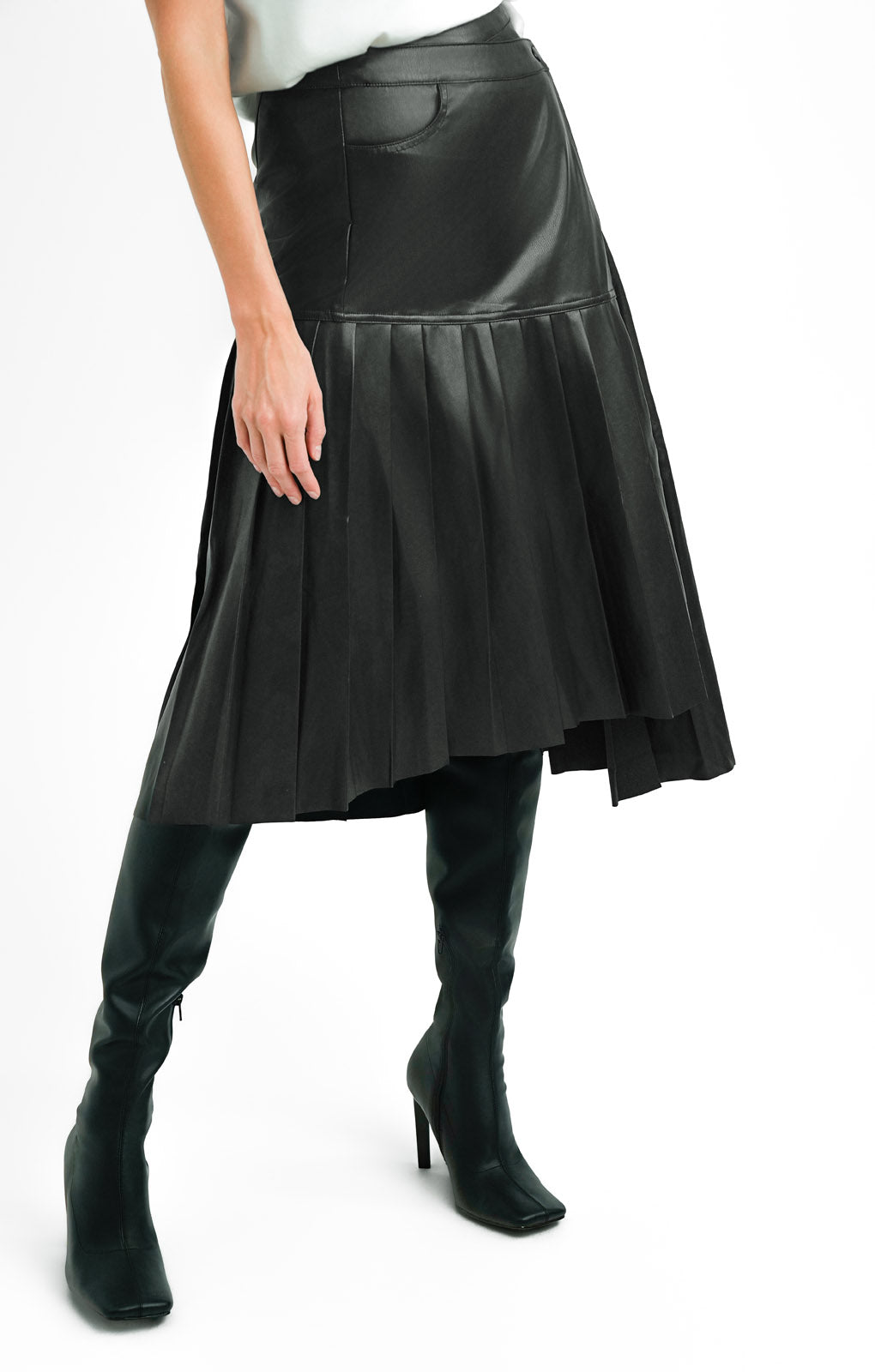 Topshop Leather Look Pleated Panel Wrap Midi Skirt In Black