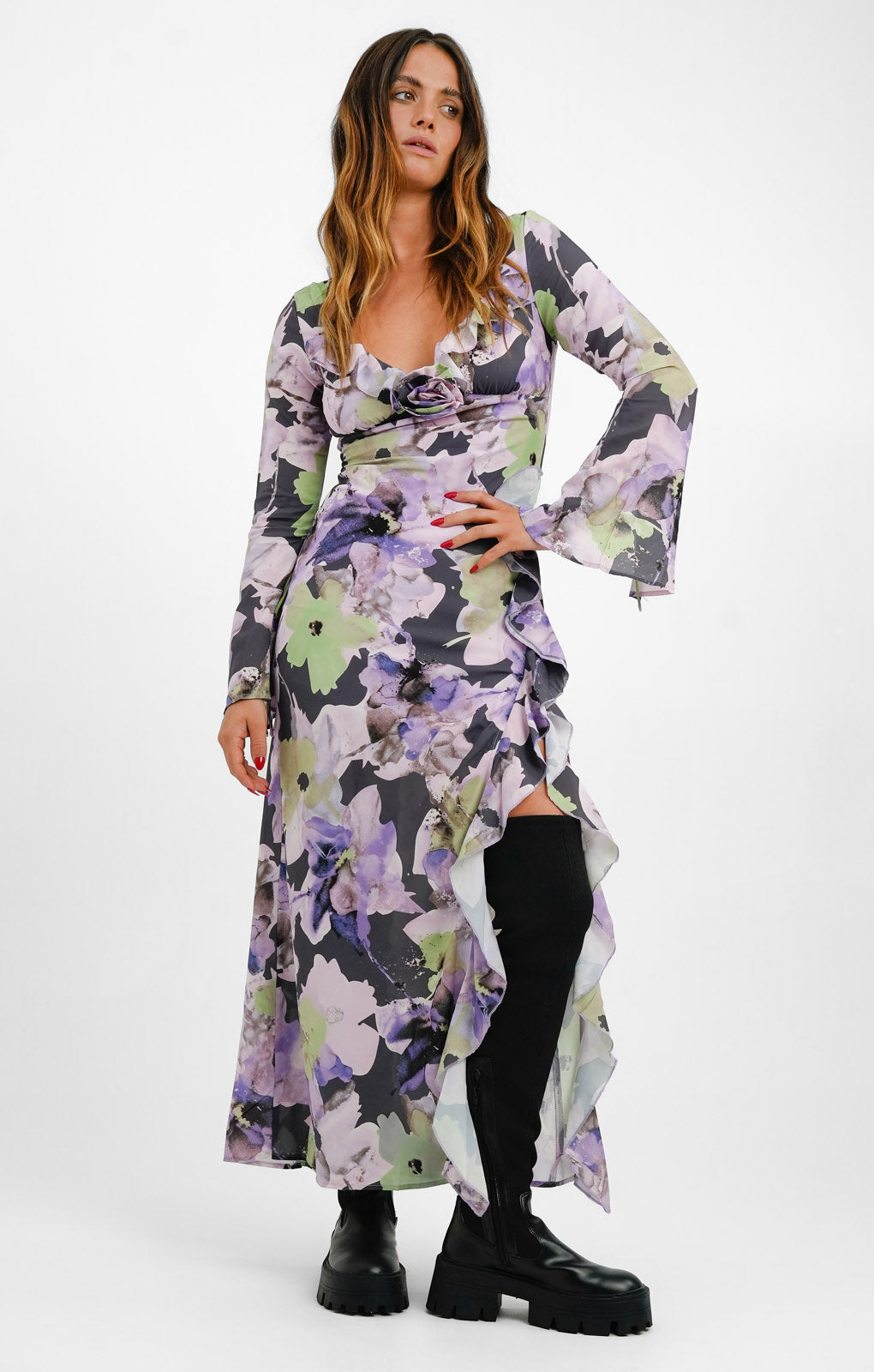 Sisters of the Tribe Floral Print Long Fluted Sleeve Ruffle Maxi Dress In Multi