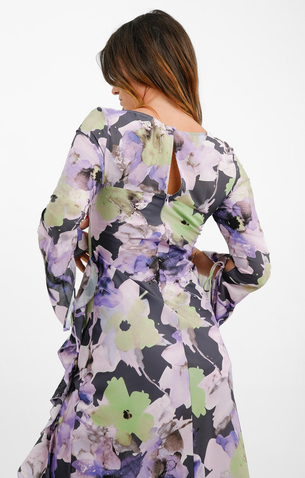 Sisters of the Tribe Floral Print Long Fluted Sleeve Ruffle Maxi Dress In Multi