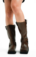 Topshop Ruby Premium Leather Biker Boot In Brown