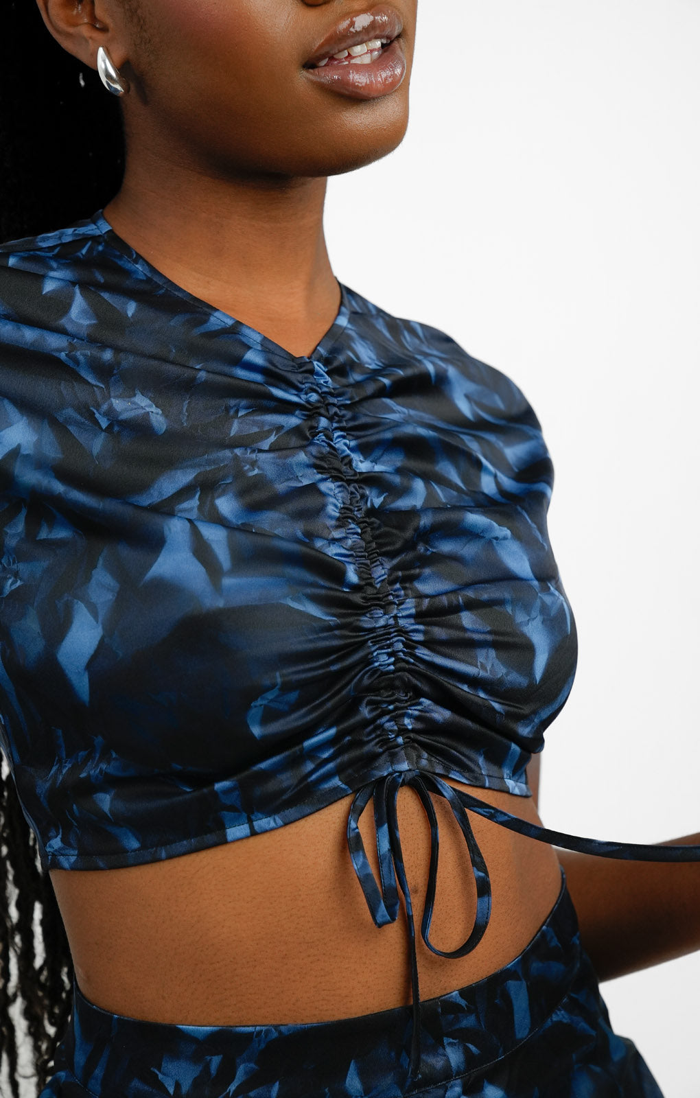 AllSaints Carla Co-Ord Ruched Satin Top In Black/Blue