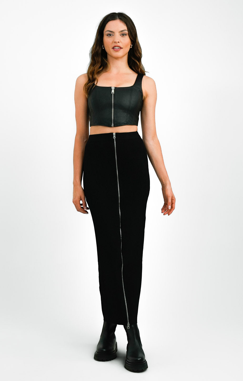 AllSaints x ASOS Exclusive Odette Faux Leather Zip Through Corset Top In Black