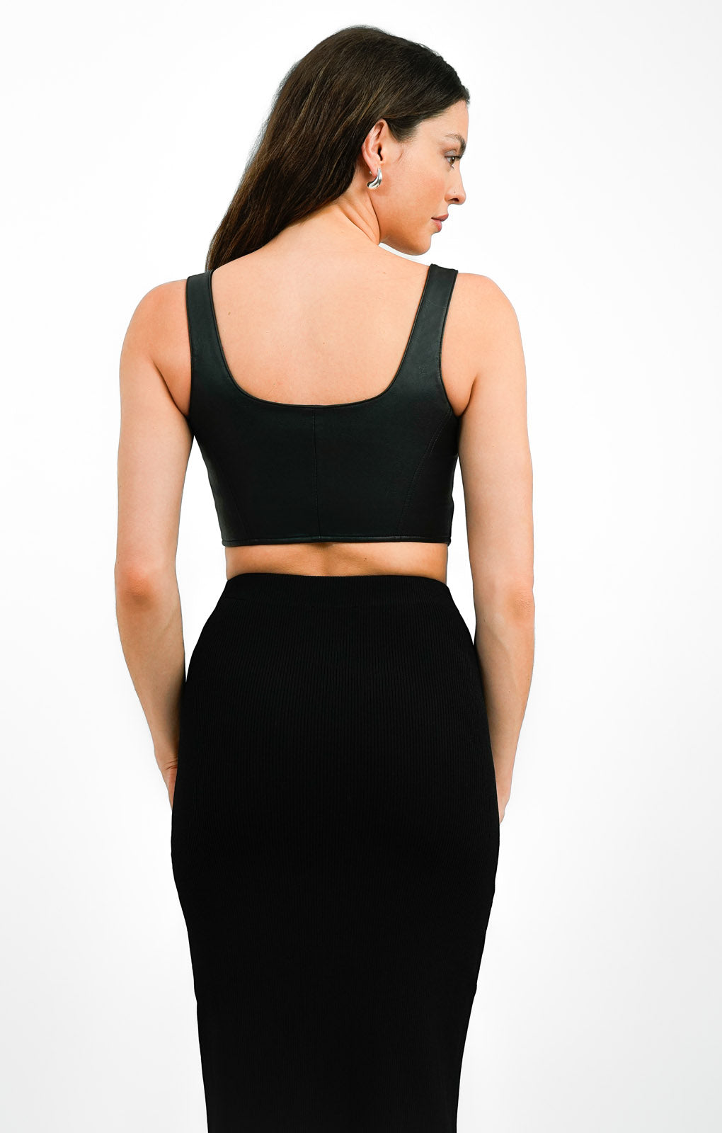 AllSaints x ASOS Exclusive Odette Faux Leather Zip Through Corset Top In Black