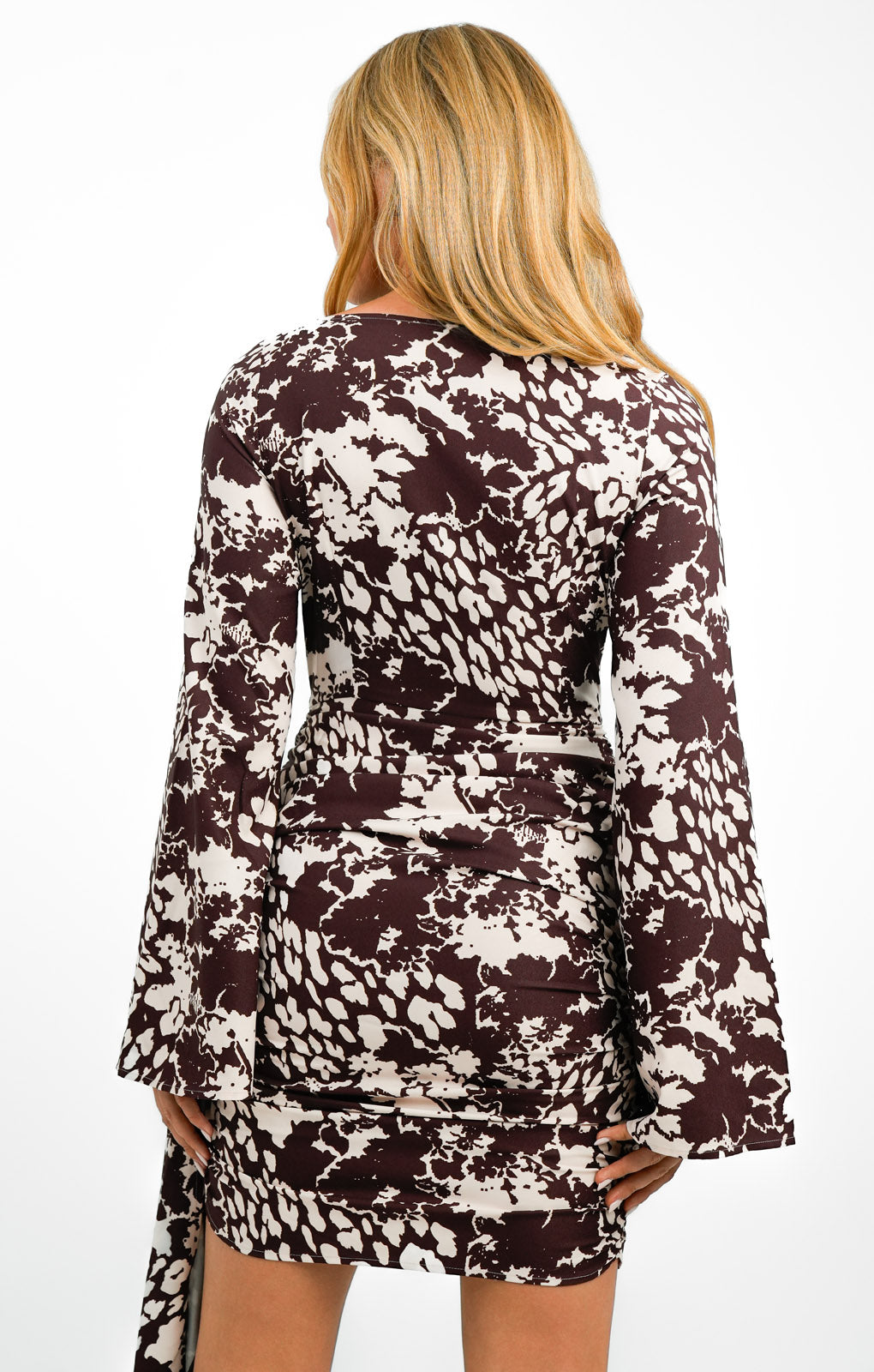 DAY 6 Wide Sleeve Mini Dress With Drape Detail In Chocolate Animal Print