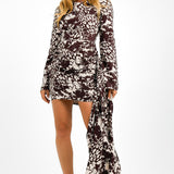 DAY 6 Wide Sleeve Mini Dress With Drape Detail In Chocolate Animal Print