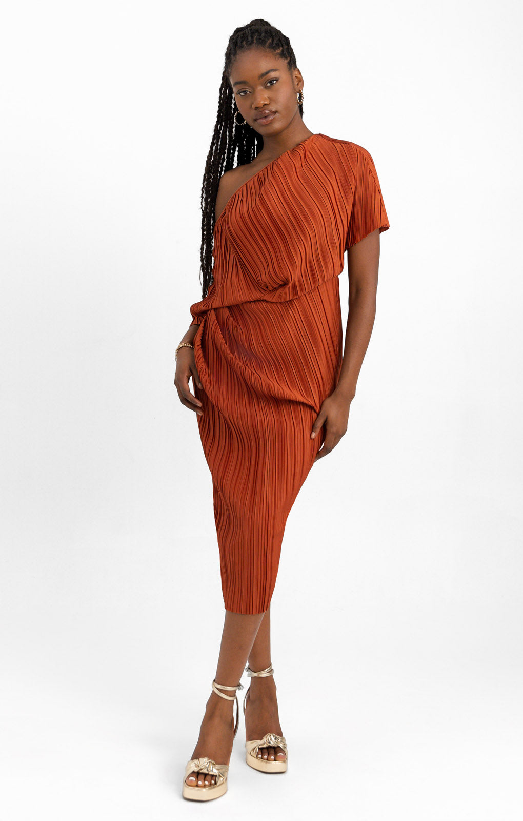 ASOS DESIGN Plisse Fallen Shoulder Midi Dress In Rust