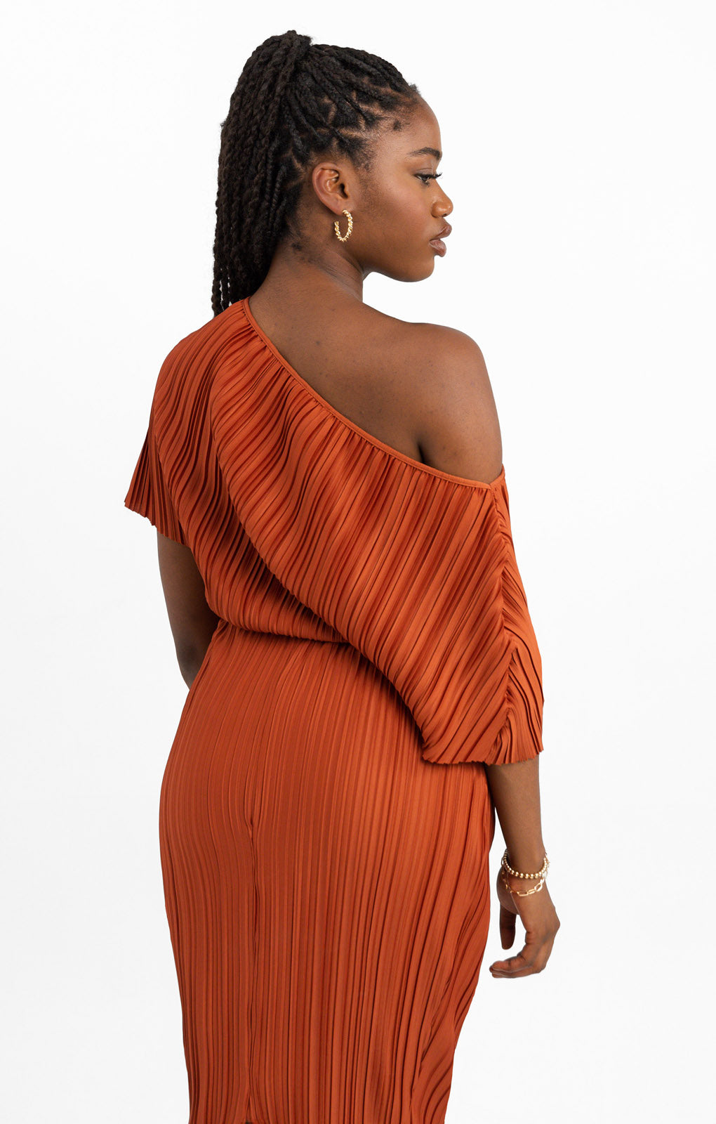ASOS DESIGN Plisse Fallen Shoulder Midi Dress In Rust
